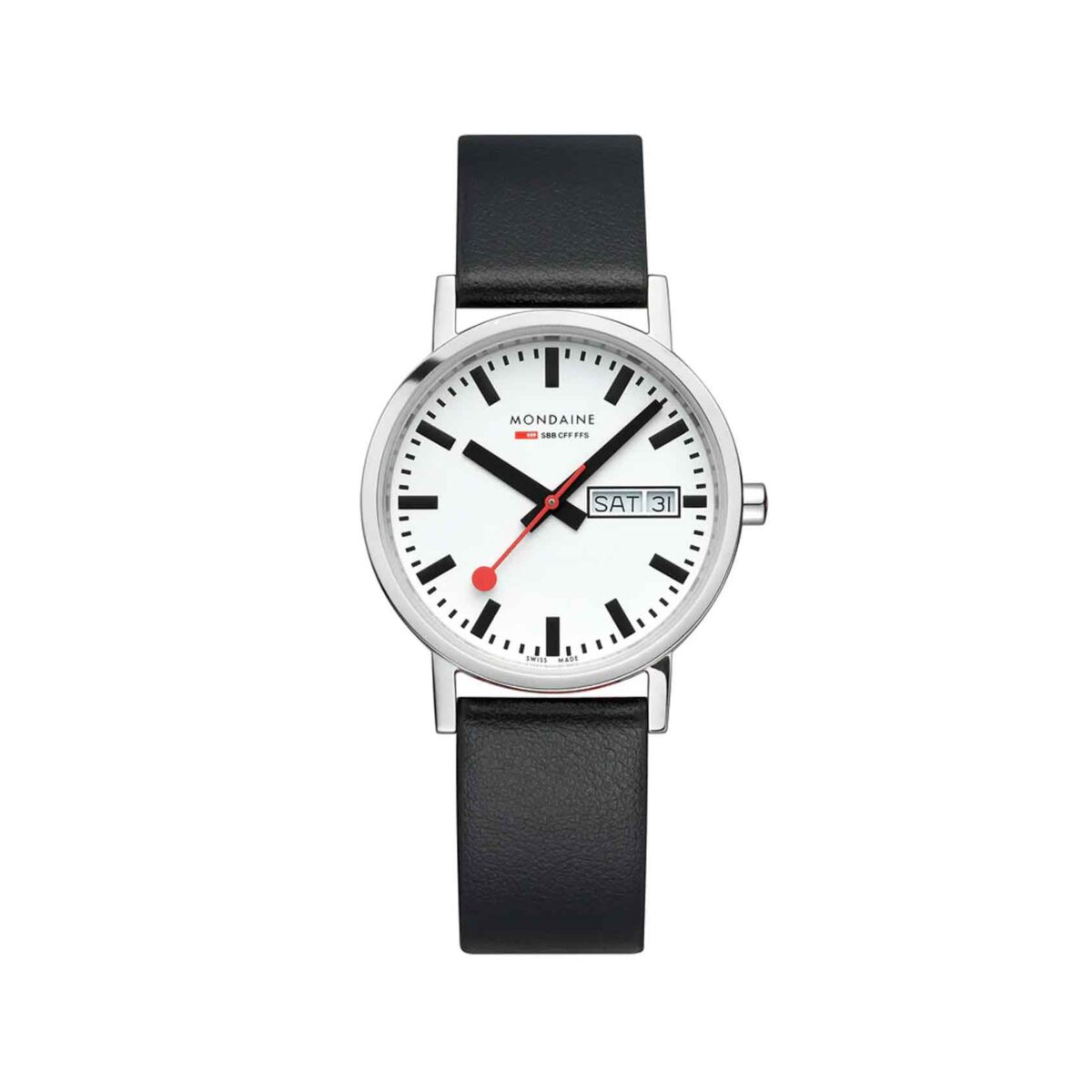 Mondaine Classic Day Date, Black Vegan Grape Leather, 36 mm