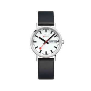 Mondaine Classic Day Date, Black Vegan Grape Leather, 36 mm